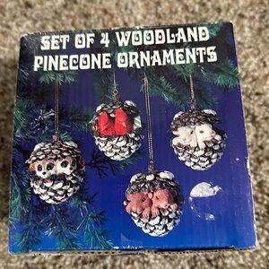 WOODLAND PINECONE Ornaments Cute Forest Creatures Christmas Set of 4 in Box
